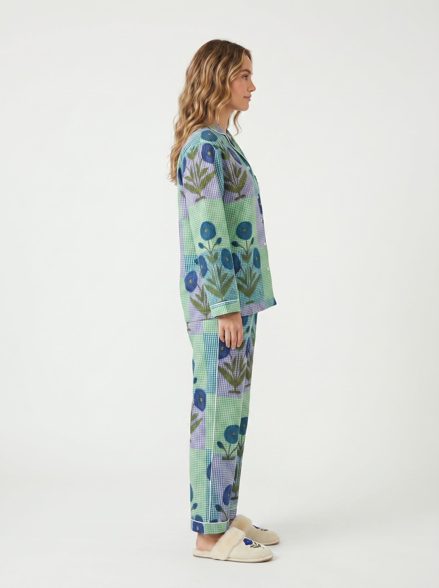 Women’s Blue Garden Checks Print Cotton Night Suit Set – Cute Two Piece Pajama Set