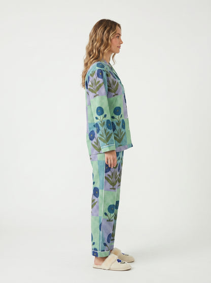 Women’s Blue Garden Checks Print Cotton Night Suit Set – Cute Two Piece Pajama Set