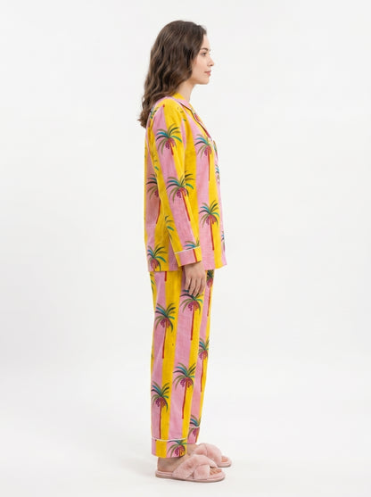 Women’s Yellow Pink Palm Breeze Stripes Cotton Night Suit Set – Cute Two Piece Pajama Set