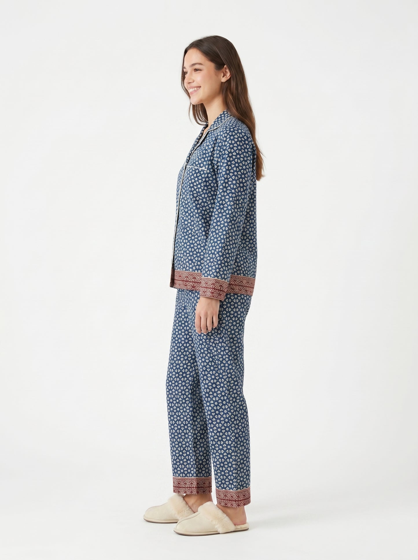 Women’s Navy Blue Garden Nights Cotton Night Suit Set – Elegant Two Piece Pajama Set