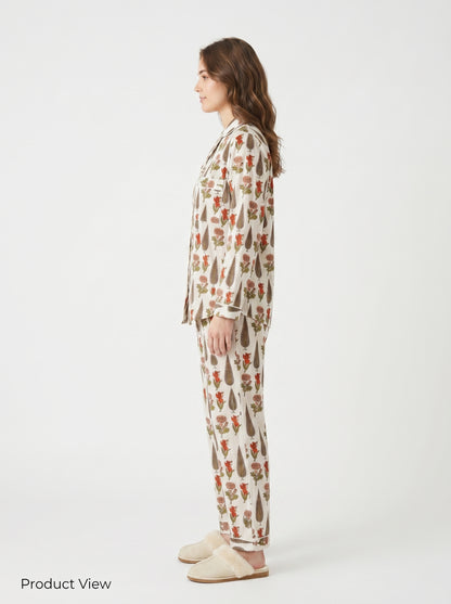 Women’s White Garden Whispers Print Cotton Night Suit Set – Cute Two Piece Pajama Set