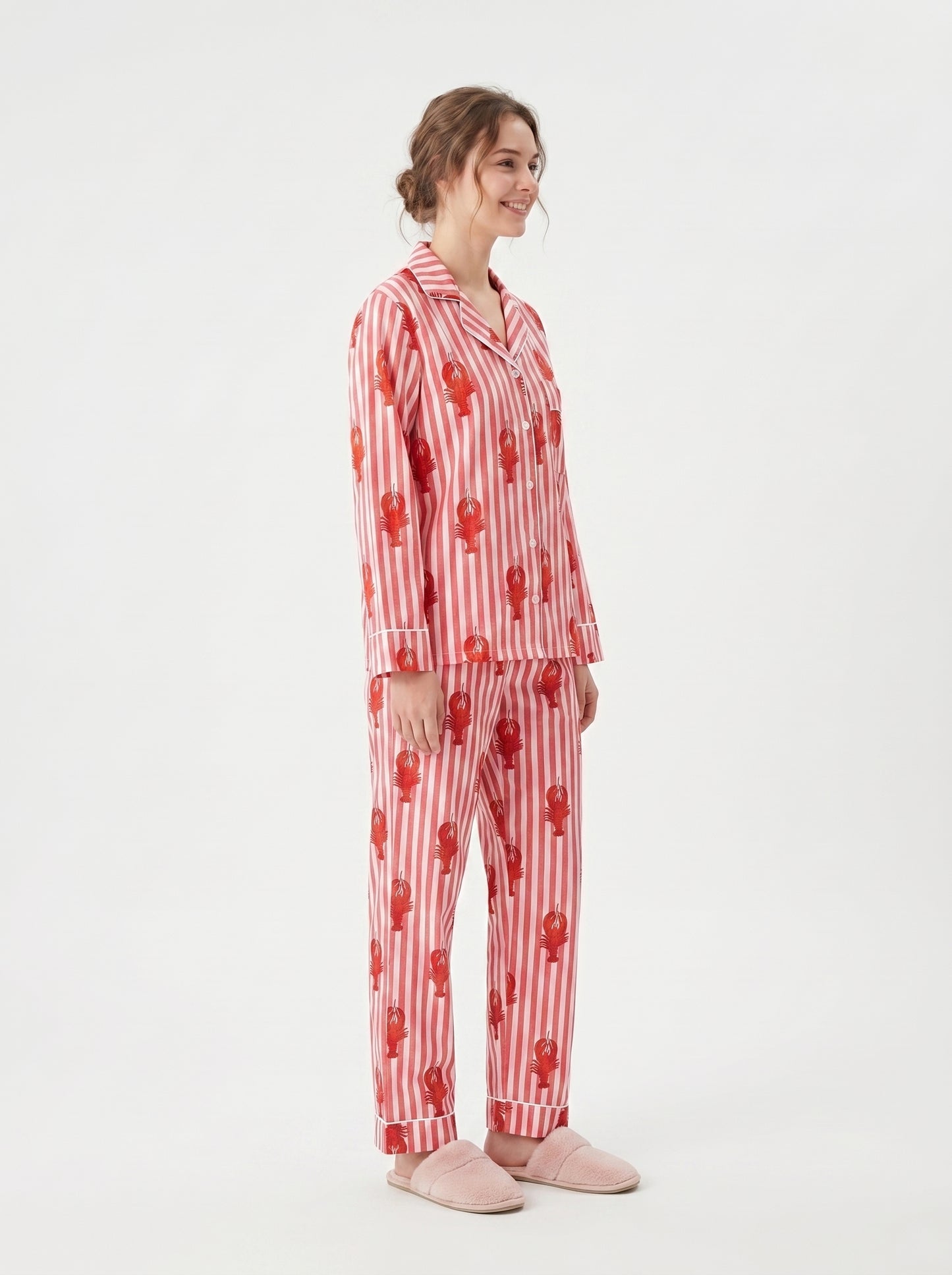 Women’s Orange White Striped Lobster Print Cotton Night Suit Set– Cute Two Piece Pajama Set