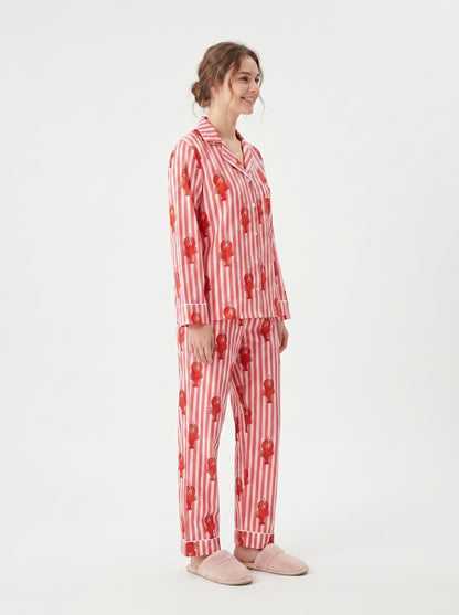 Women’s Orange White Striped Lobster Print Cotton Night Suit Set– Cute Two Piece Pajama Set
