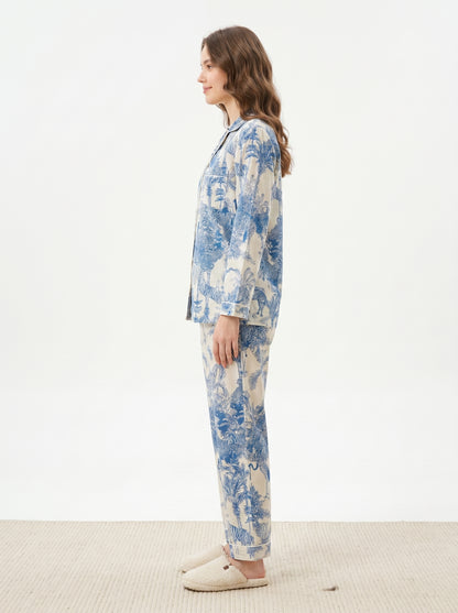 Women’s White Blue Jungle Print Cotton Night Suit Set - – Elegant Two Piece Pajama Set