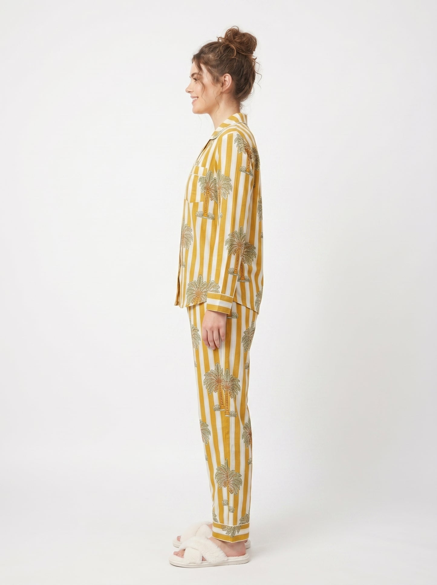 Women’s Yellow White Striped Palm Print Cotton Night Suit Set – Elegant Two Piece Pajama Set