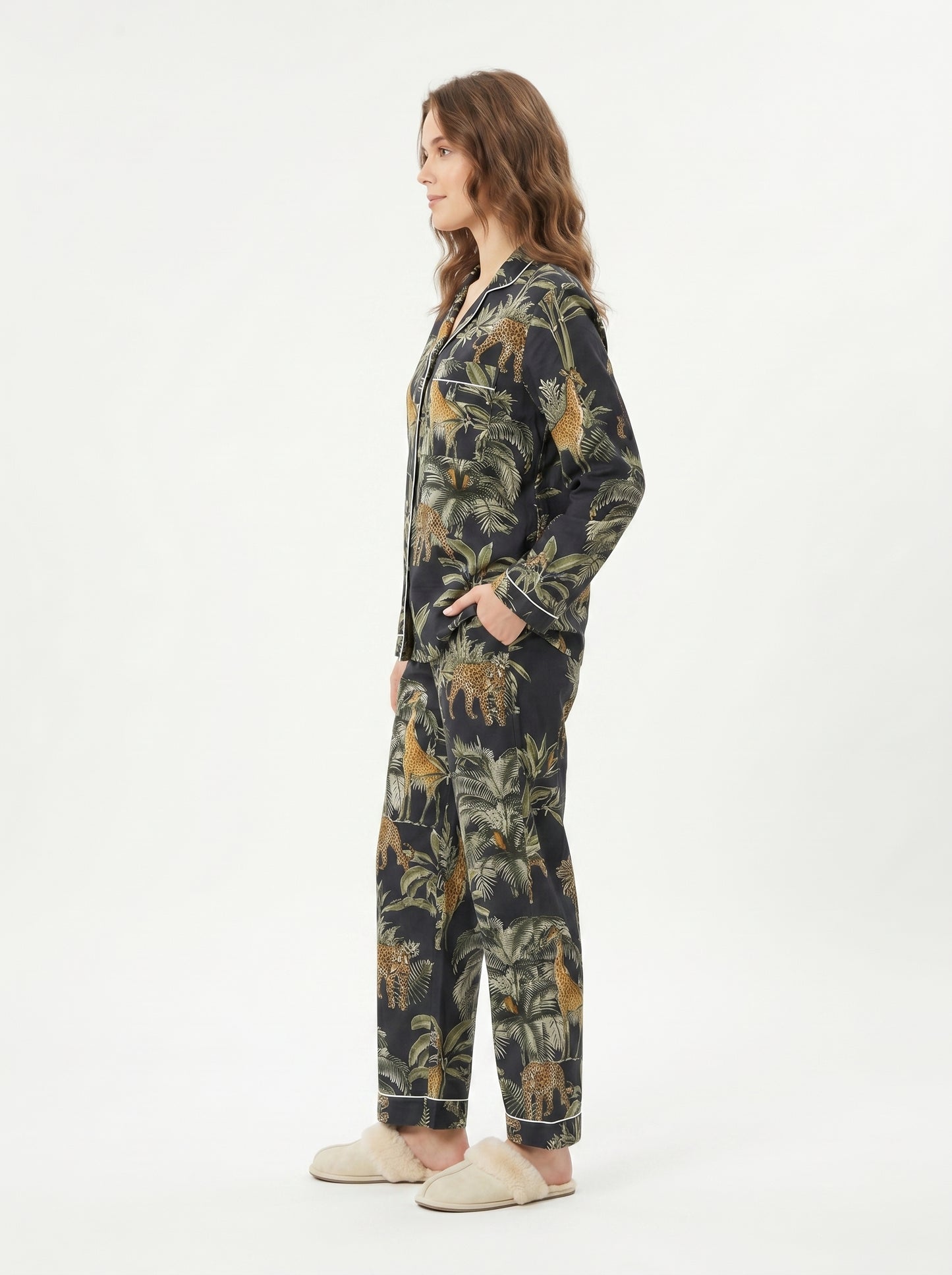 Women's Black Jungle Muse Cotton Night Suit Set – Elegant Two Piece Pajama Set