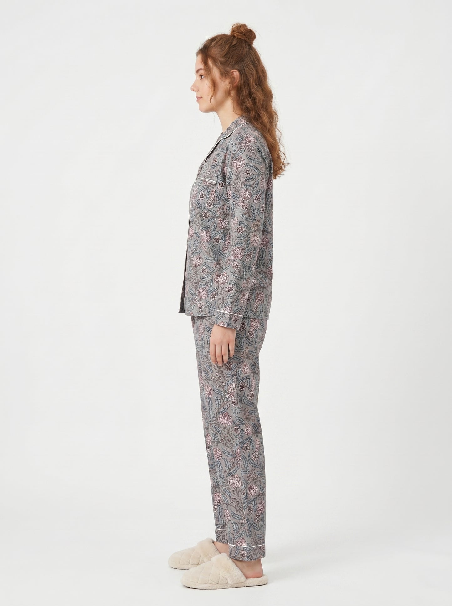 Women’s Grey Floral Cotton Night Suit Set– Cute Two Piece Pajama Set