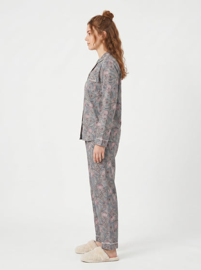 Women’s Grey Floral Cotton Night Suit Set– Cute Two Piece Pajama Set