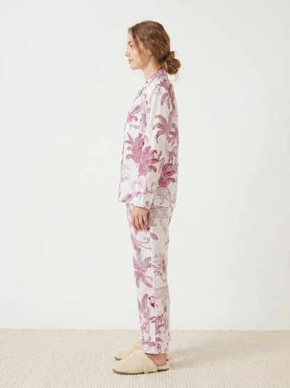 Women's White Pink Jungle Cotton Night Suit Set – Elegant Two Piece Pajama Set