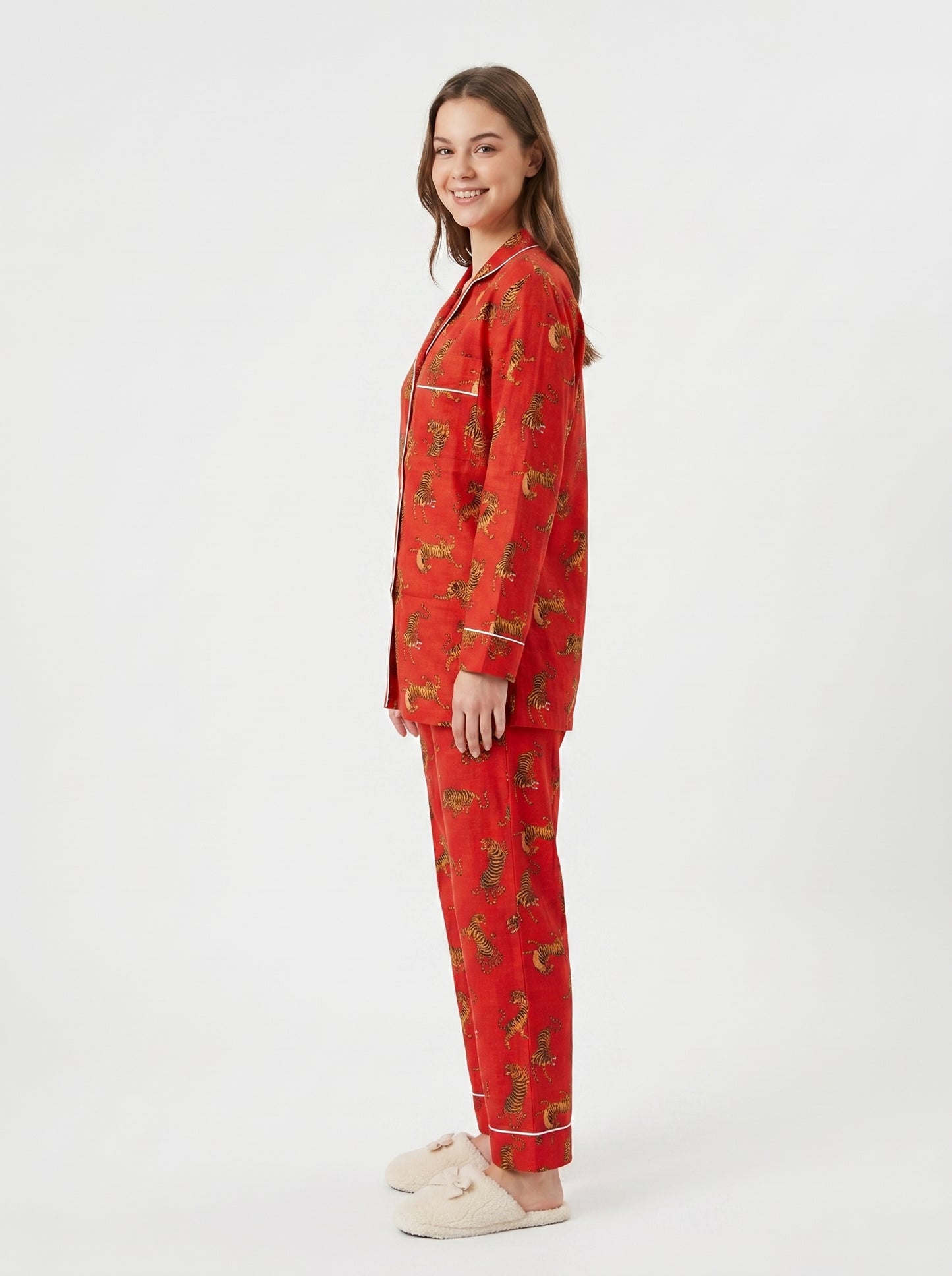 Women's Red Tiger Dreams Cotton Night Suit Set – Elegant Two Piece Pajama Set