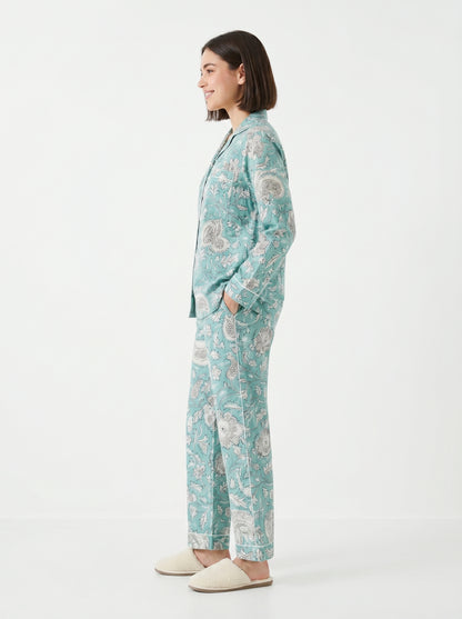Women’s Mint Blue Cotton Night Suit Set - Elegant Two Piece Pajama Set