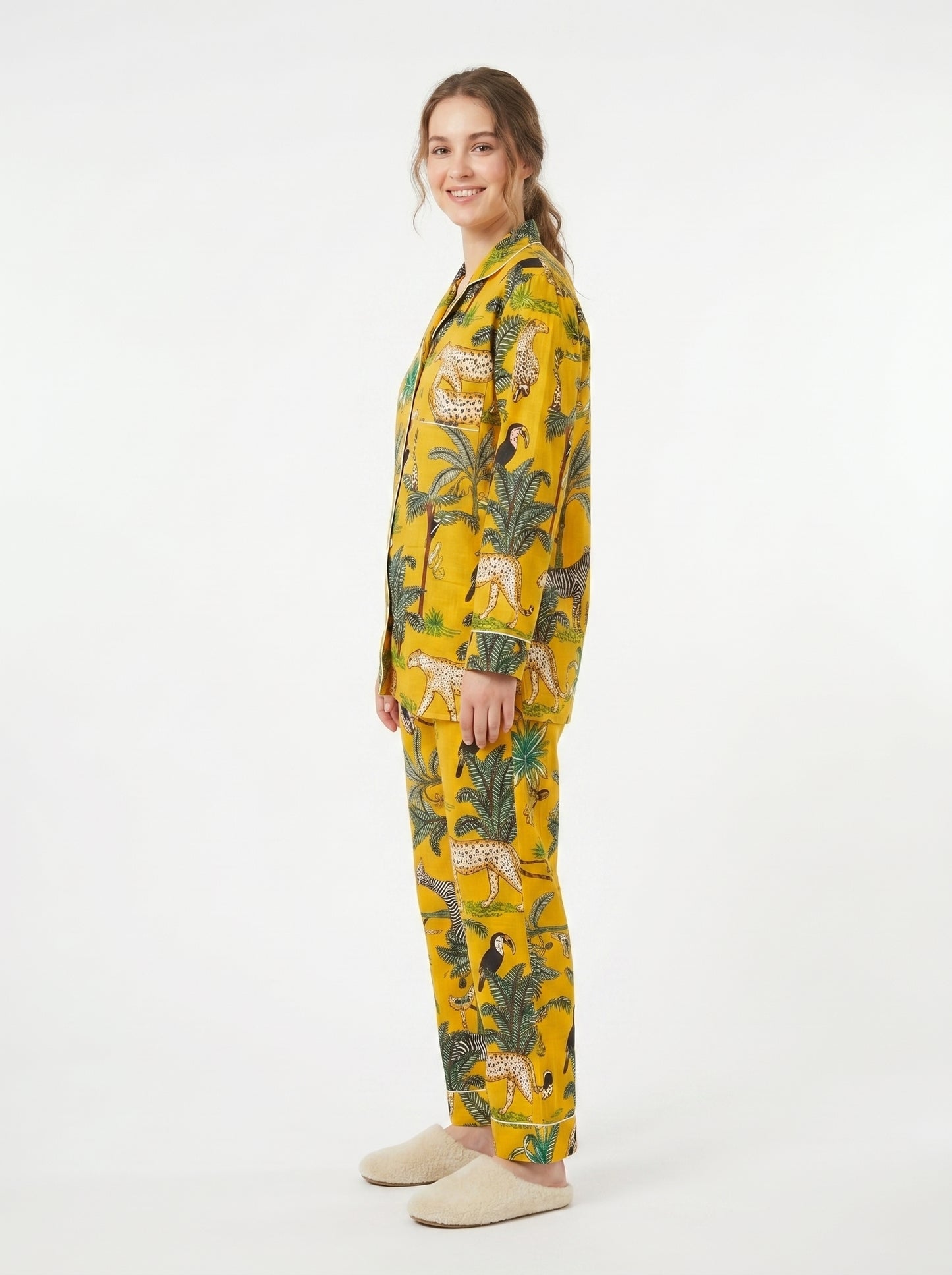 Women's Yellow Safari Print Cotton Night Suit Set – Elegant Two Piece Pajama Set
