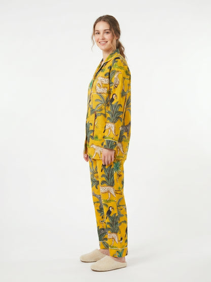 Women's Yellow Safari Print Cotton Night Suit Set – Elegant Two Piece Pajama Set