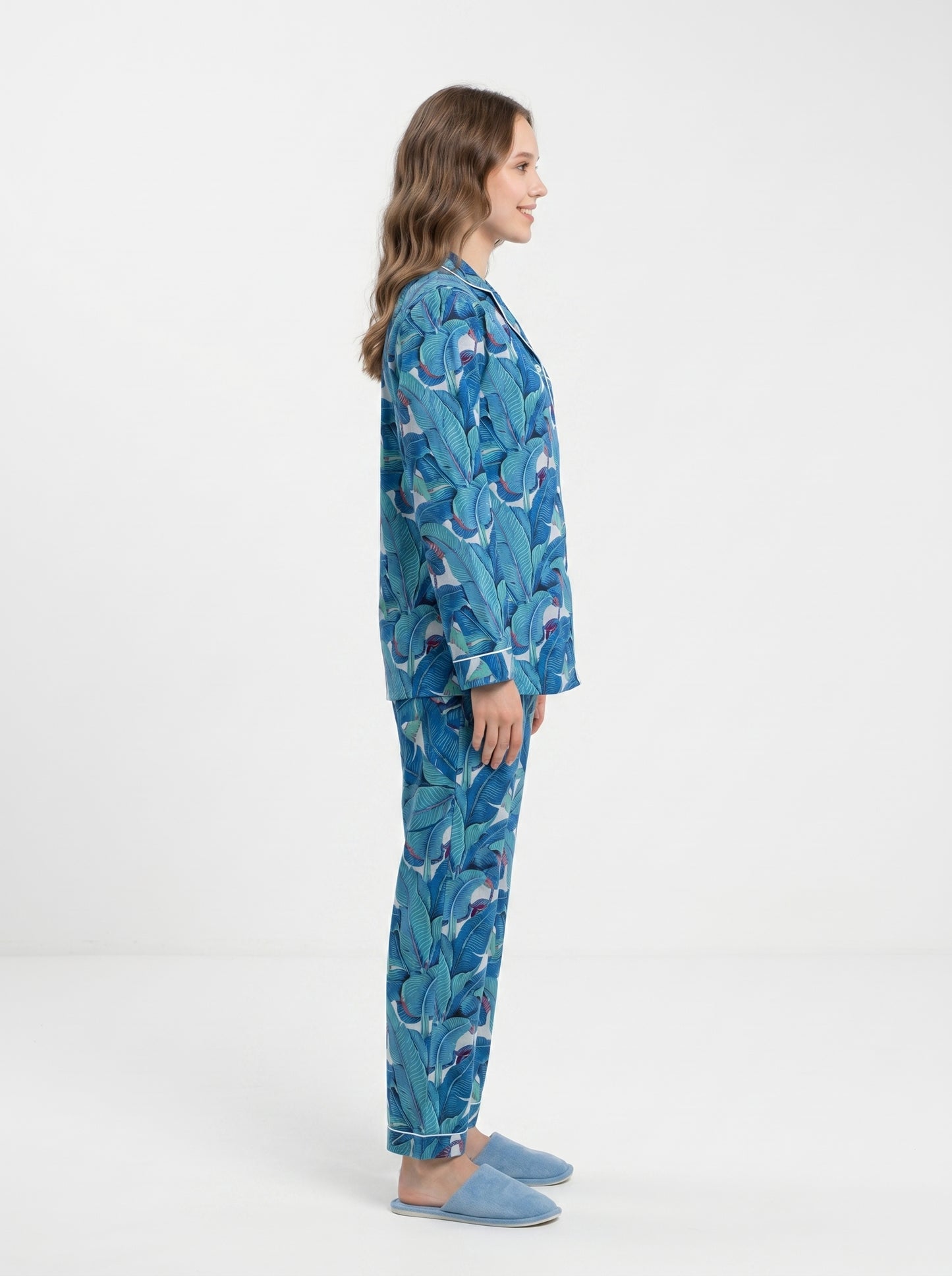 Women’s Blue Azure Leaf Dreams Cotton Night Suit Set – Cute Two Piece Pajama Set