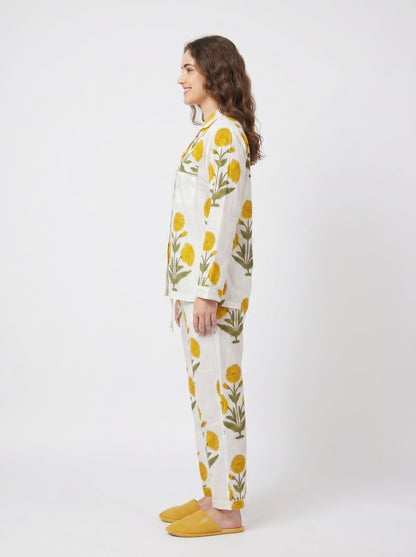 Women’s Yellow Bloom Delight Print Cotton Night Suit Set - Elegant Two Piece Pajama Set