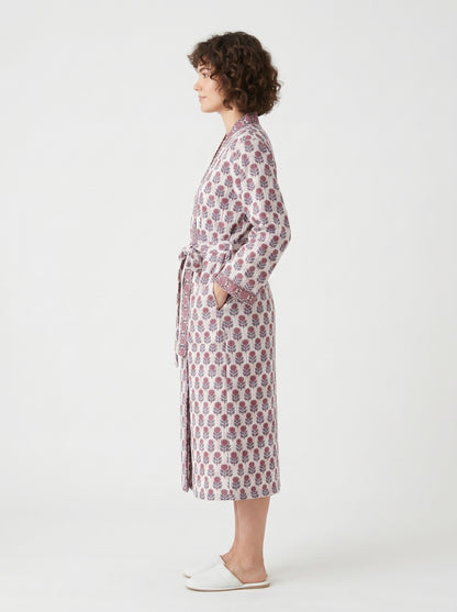 Blush Pink Mini Floral Handblock Waffle Bathrobe – Luxury Spa Robe