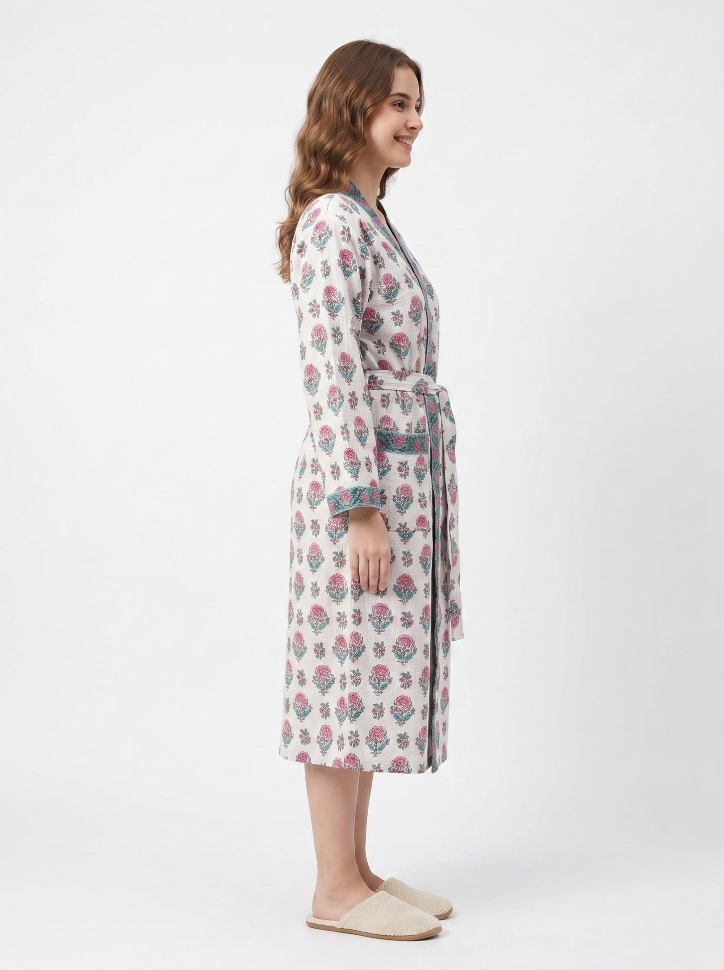 Petal White Comfort Handblock Waffle Bathrobe – Luxury Spa Robe