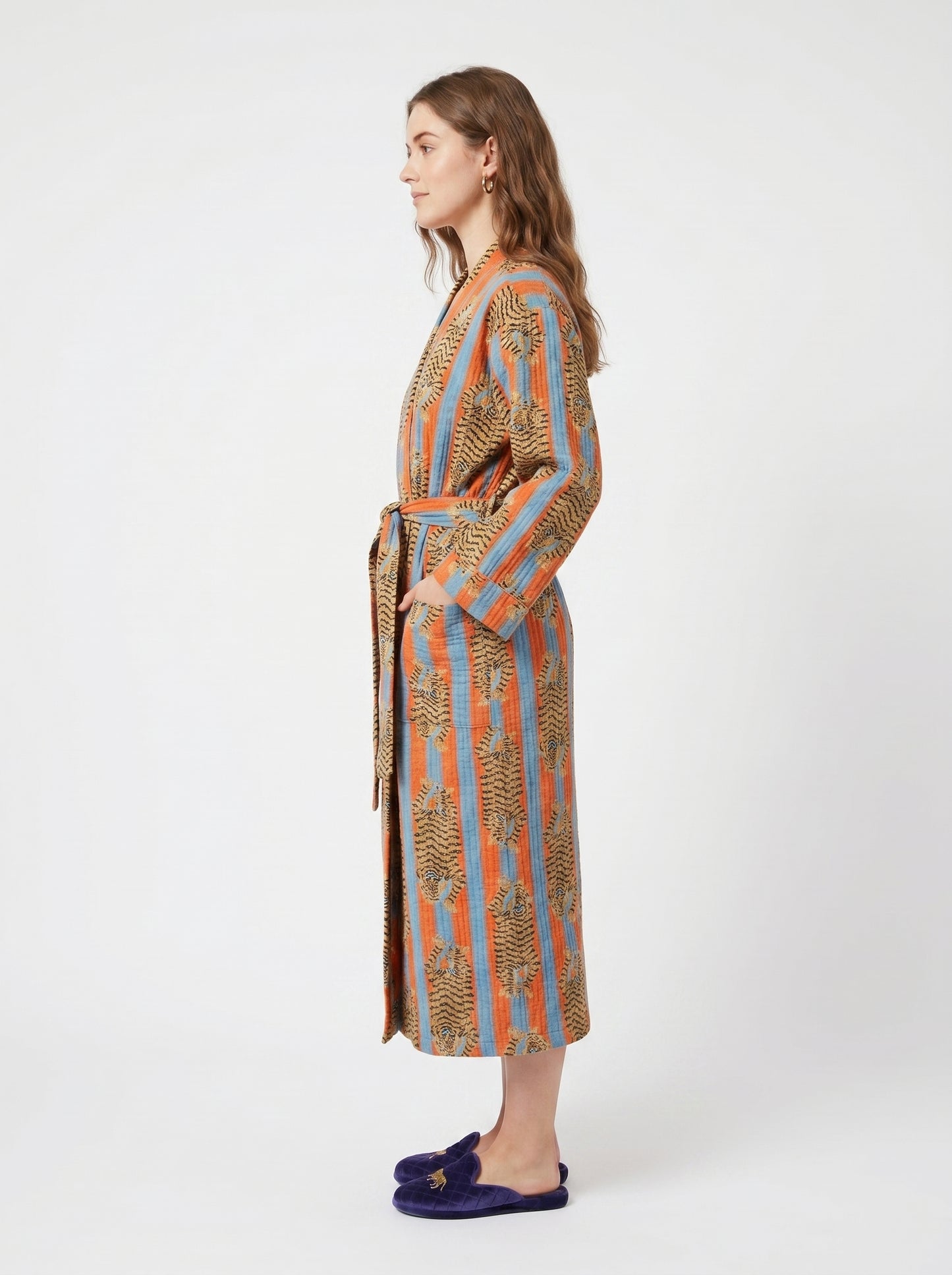 Bold Orange & Blue Stripe Tiger Waffle Bathrobe – Luxury Spa Robe