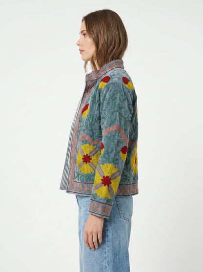 Women's Grey Floral Suzani Reversible Velvet Jacket – Artistic Embroidered Statement Jacket