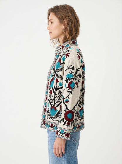 Women's White Floral Suzani Reversible Velvet Jacket – Artistic Embroidered Statement Jacket