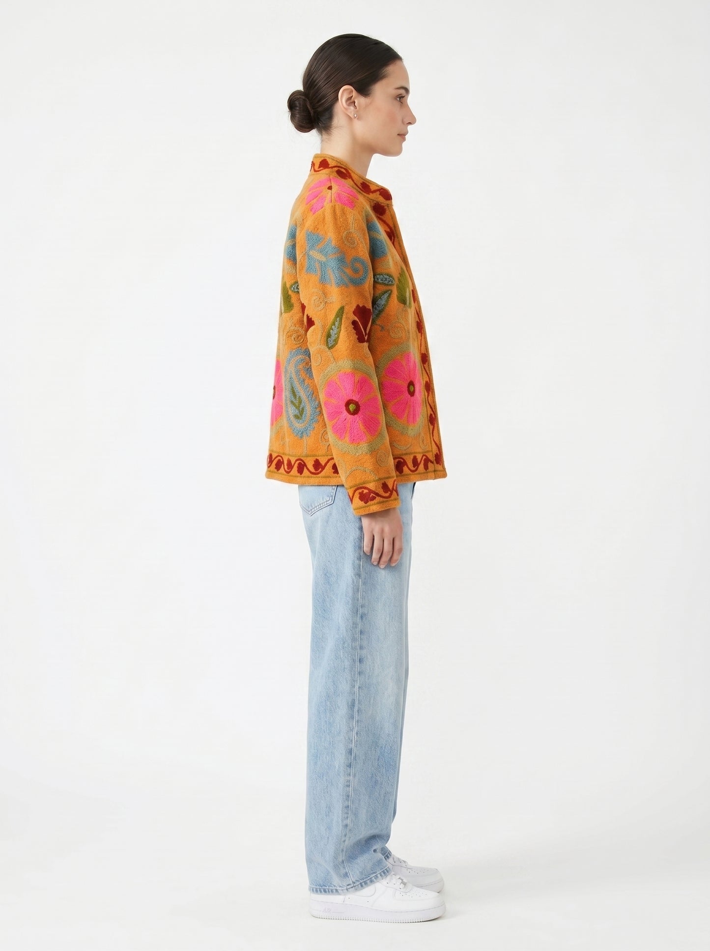 Women's Orange Floral Suzani Reversible Velvet Jacket – Artistic Embroidered Statement Jacket