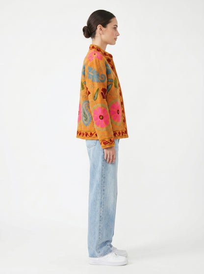 Women's Orange Floral Suzani Reversible Velvet Jacket – Artistic Embroidered Statement Jacket