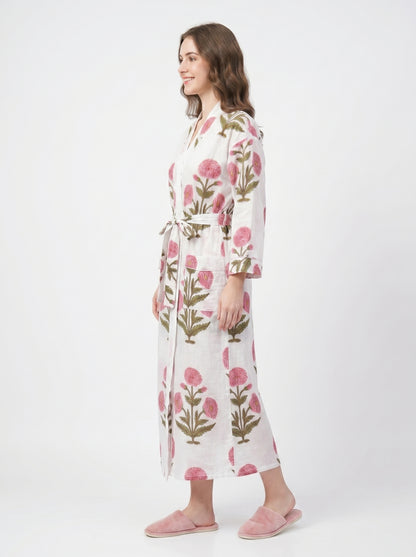 Petal Cloud pink women's cotton kimono. Soft, airy pink floral 
block print lightweight cotton robe for lounging at home.