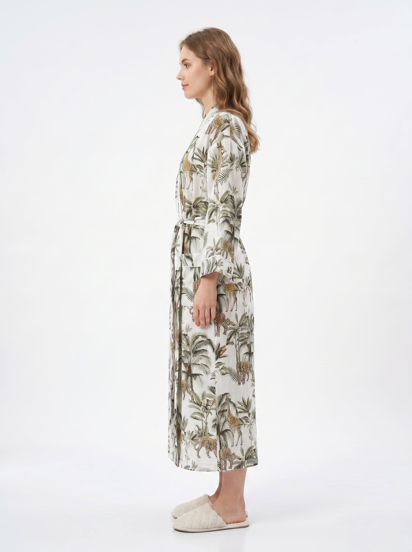 White Jungle Muse women's cotton kimono. Tropical botanical and
 jungle print lightweight cotton housecoat in white and green.