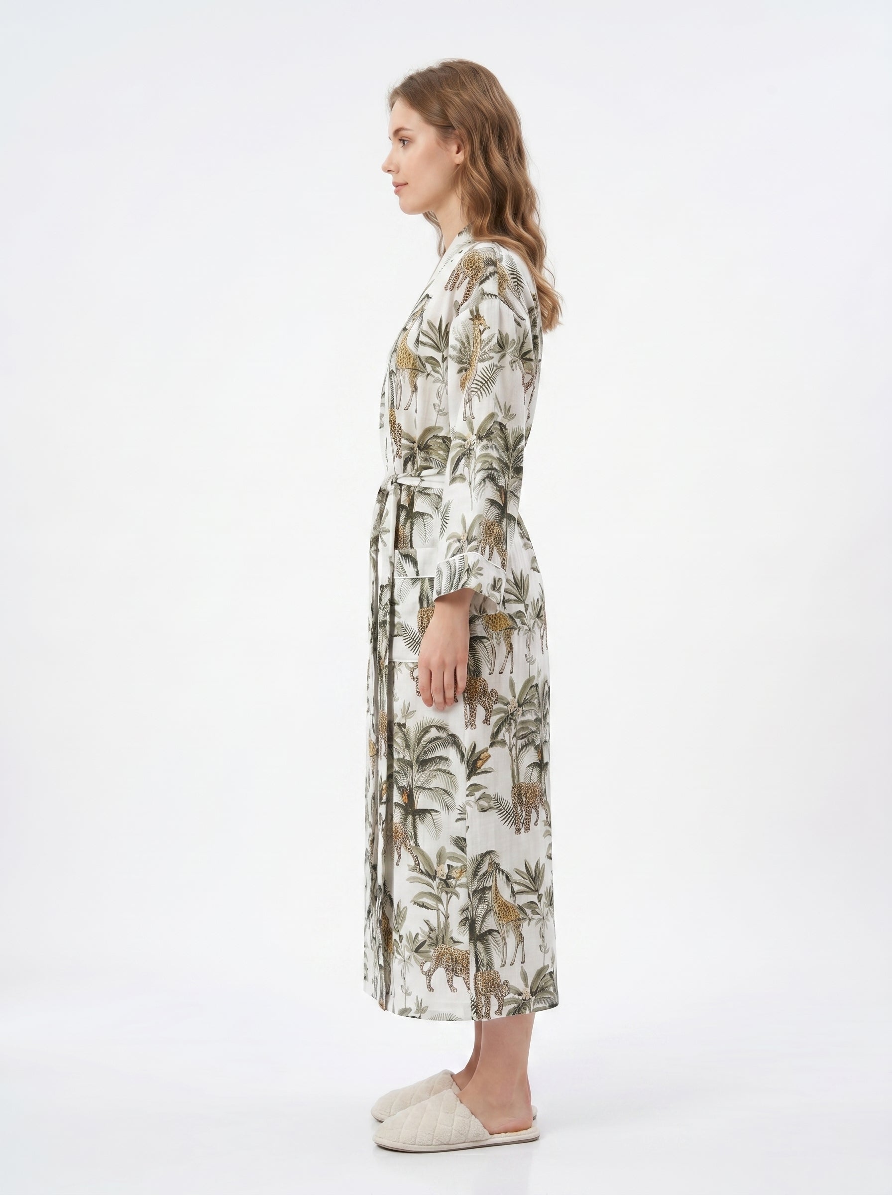 White Jungle Muse women's cotton kimono. Tropical botanical and
 jungle print lightweight cotton housecoat in white and green.