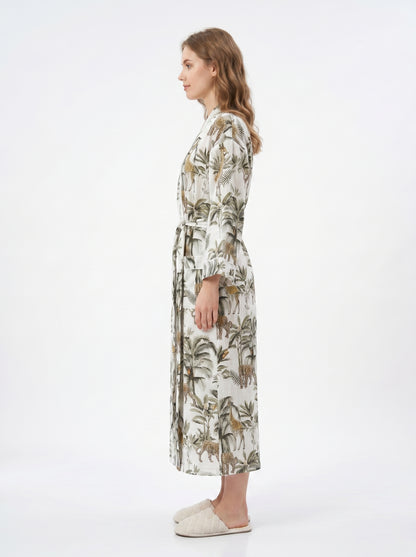 White Jungle Muse women's cotton kimono. Tropical botanical and
 jungle print lightweight cotton housecoat in white and green.
