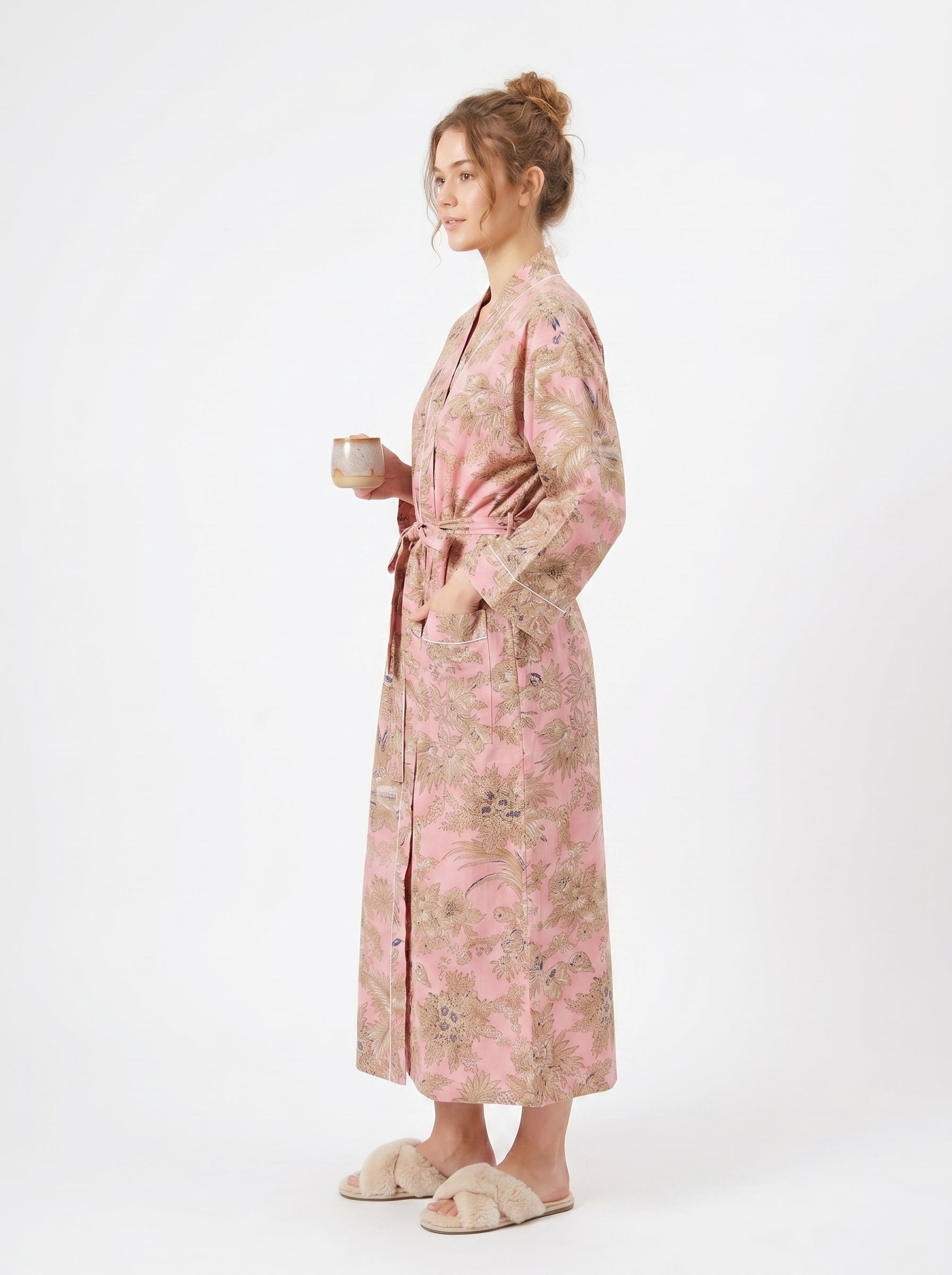 Blush Bloom women's cotton Tibetan kimono. Soft pastel pink
 floral printed lightweight cotton robe for morning loungewear.