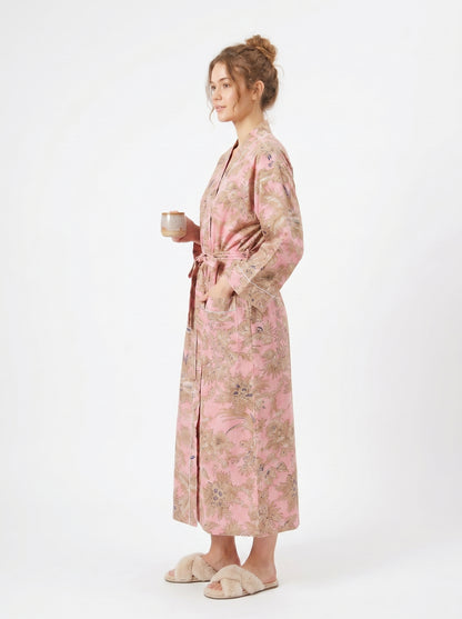Blush Bloom women's cotton Tibetan kimono. Soft pastel pink
 floral printed lightweight cotton robe for morning loungewear.