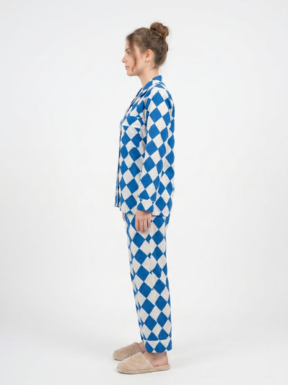 White Blue Checks Abstract Cotton Night Suit Set – Elegant Two Piece Pajama Set