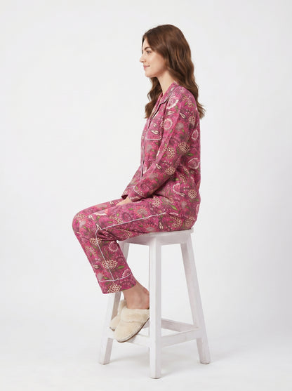 Fuchsia Pink Petal  Cotton Night Suit Set – Elegant Two Piece Pajama Set