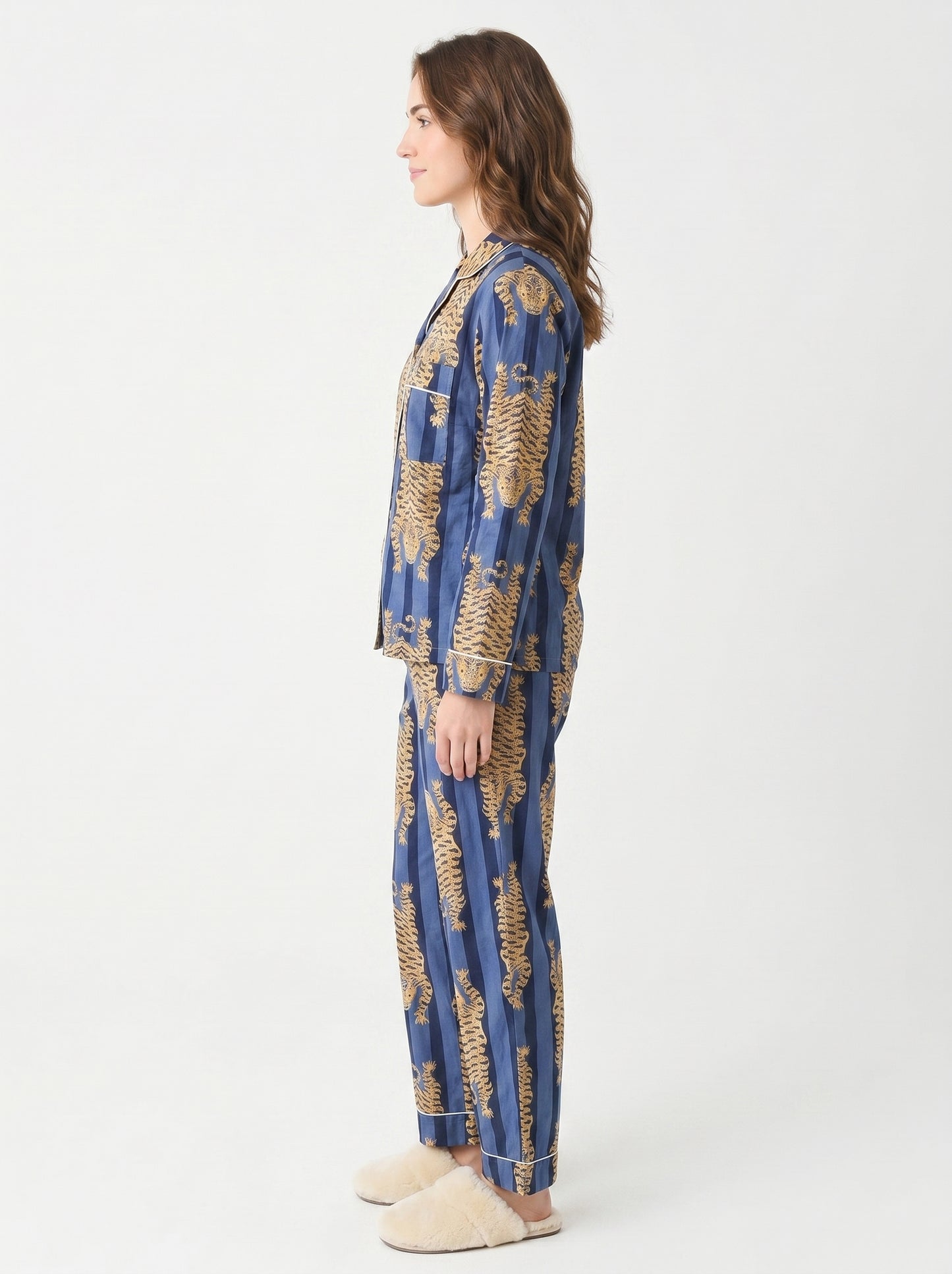 Women’s Blue Tibetan TigerPrint Cotton Night Suit Set – Elegant Two Piece Pajama Set