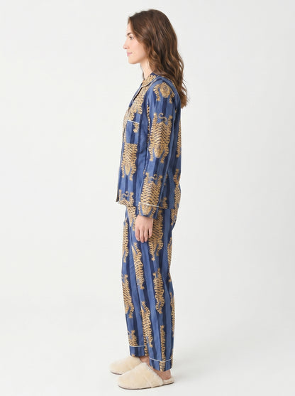 Women’s Blue Tibetan TigerPrint Cotton Night Suit Set – Elegant Two Piece Pajama Set