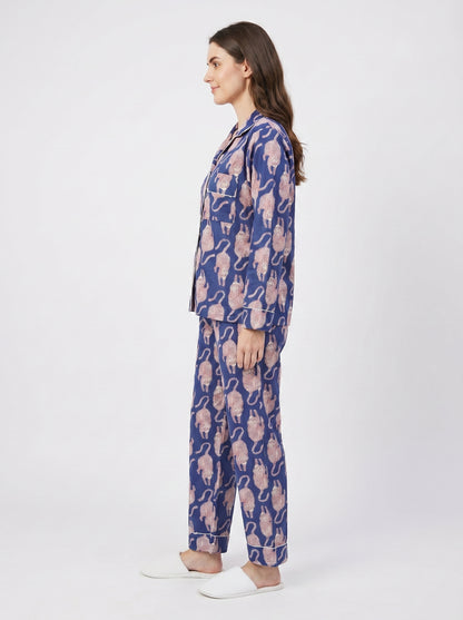 Women's Midnight Blue Tiger Print Cotton Night Suit Set – Elegant Two Piece Pajama Set