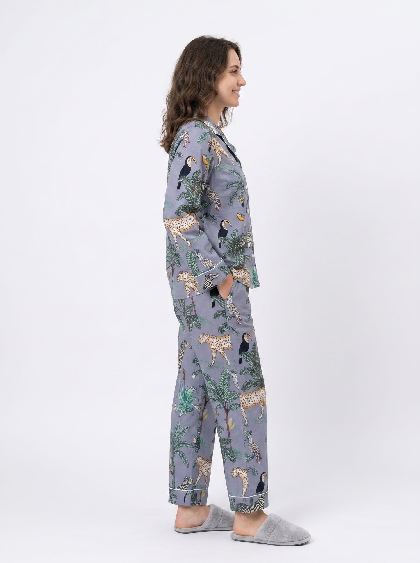 Women's Grey Safari Print Cotton Night Suit Set – Elegant Two Piece Pajama Set