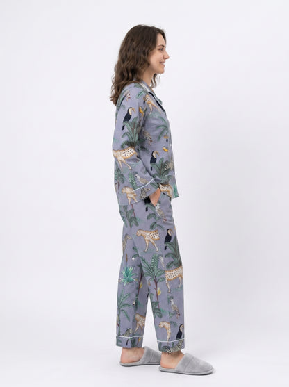Women's Grey Safari Print Cotton Night Suit Set – Elegant Two Piece Pajama Set
