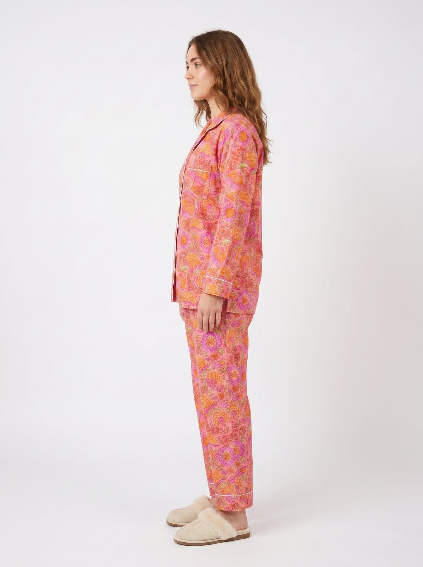 Women’s Pink Garden Dreams Print Cotton Night Suit Set – Elegant Two Piece Pajama Set