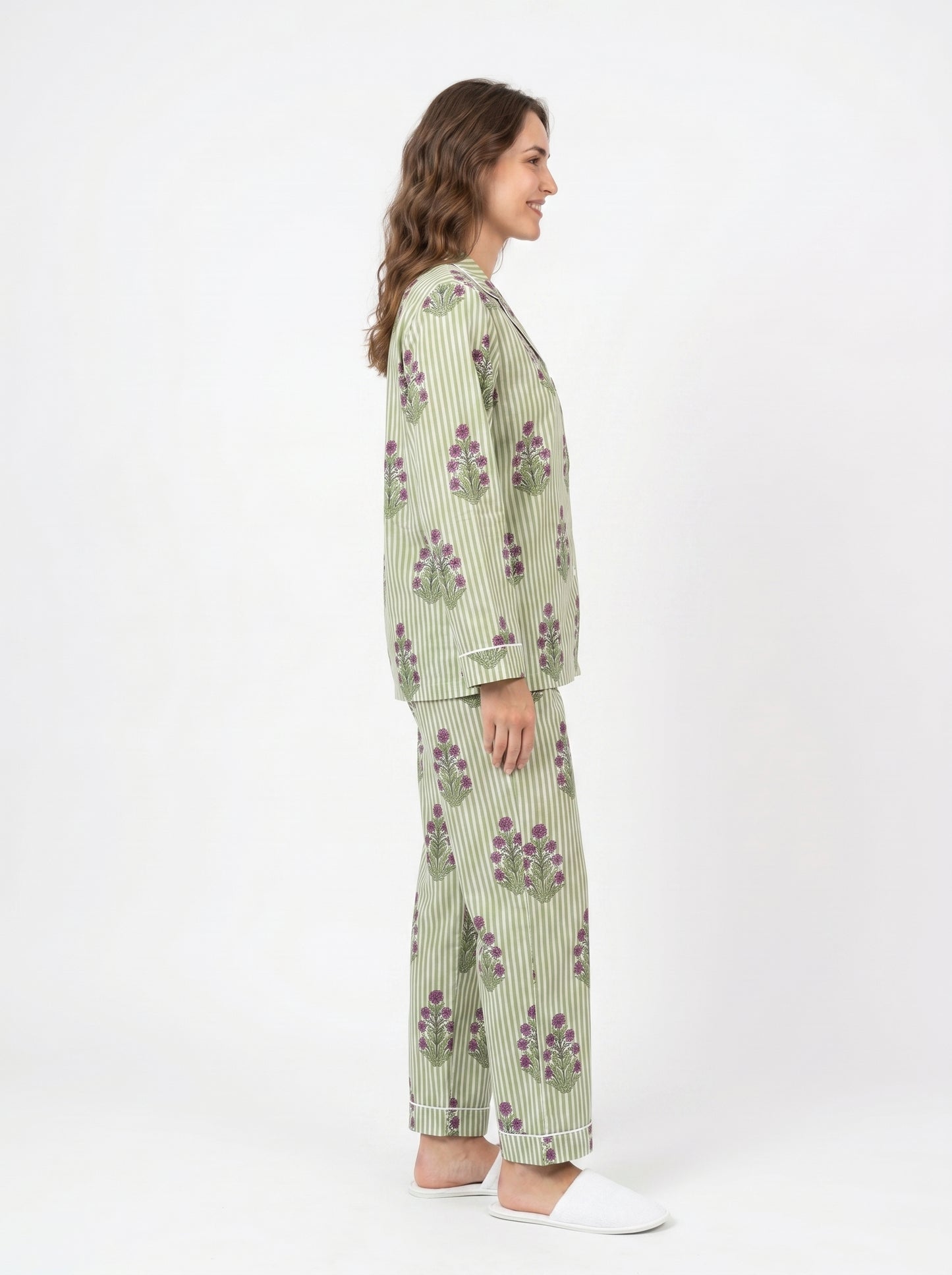 Women’s Green Floral Print Cotton Night Suit Set – Elegant Two Piece Pajama Set