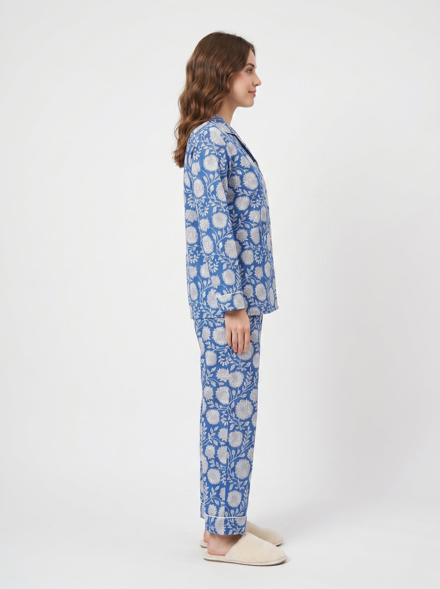Women’s Bloom in Blue Print Cotton Night Suit Set – Elegant Two Piece Pajama Set