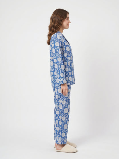 Women’s Bloom in Blue Print Cotton Night Suit Set – Elegant Two Piece Pajama Set