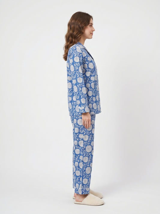 Women’s Bloom in Blue Print Cotton Night Suit Set – Elegant Two Piece Pajama Set