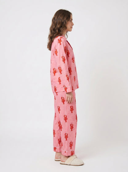 Women's Pink Lobster Love Cotton Night Suit Set – Elegant Two Piece Pajama Set