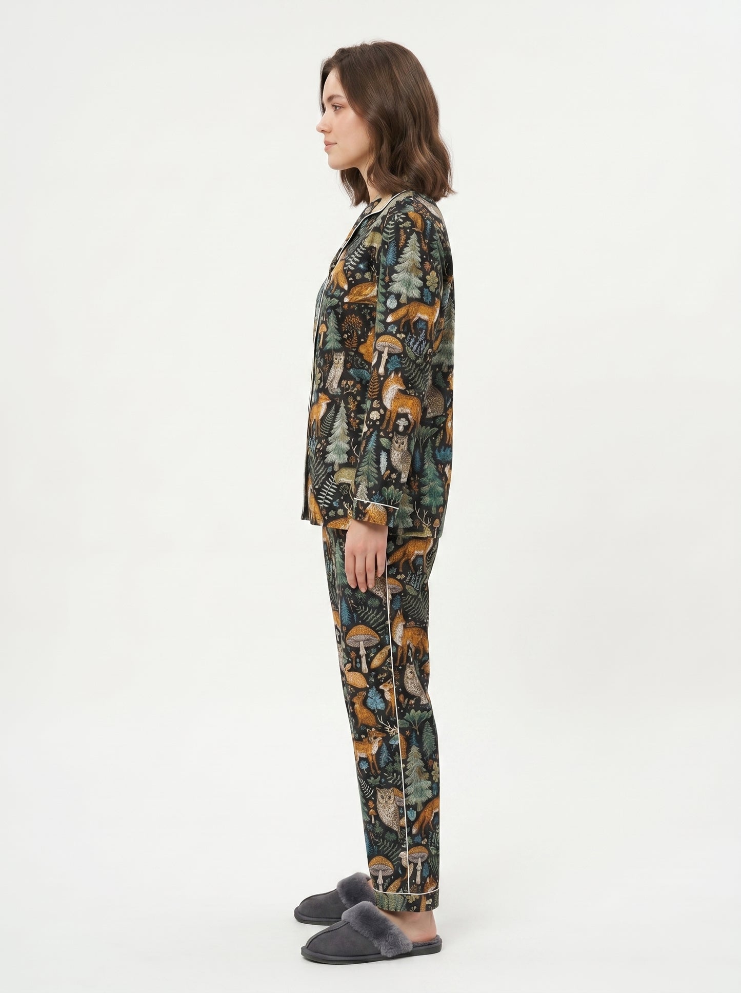 Women's Black Midnight Jungle Cotton Night Suit Set – Elegant Two Piece Pajama Set