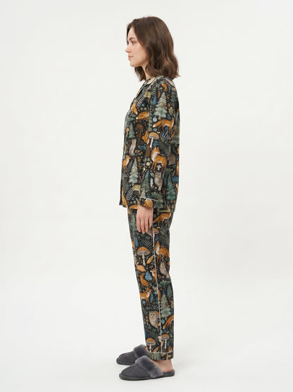 Women's Black Midnight Jungle Cotton Night Suit Set – Elegant Two Piece Pajama Set
