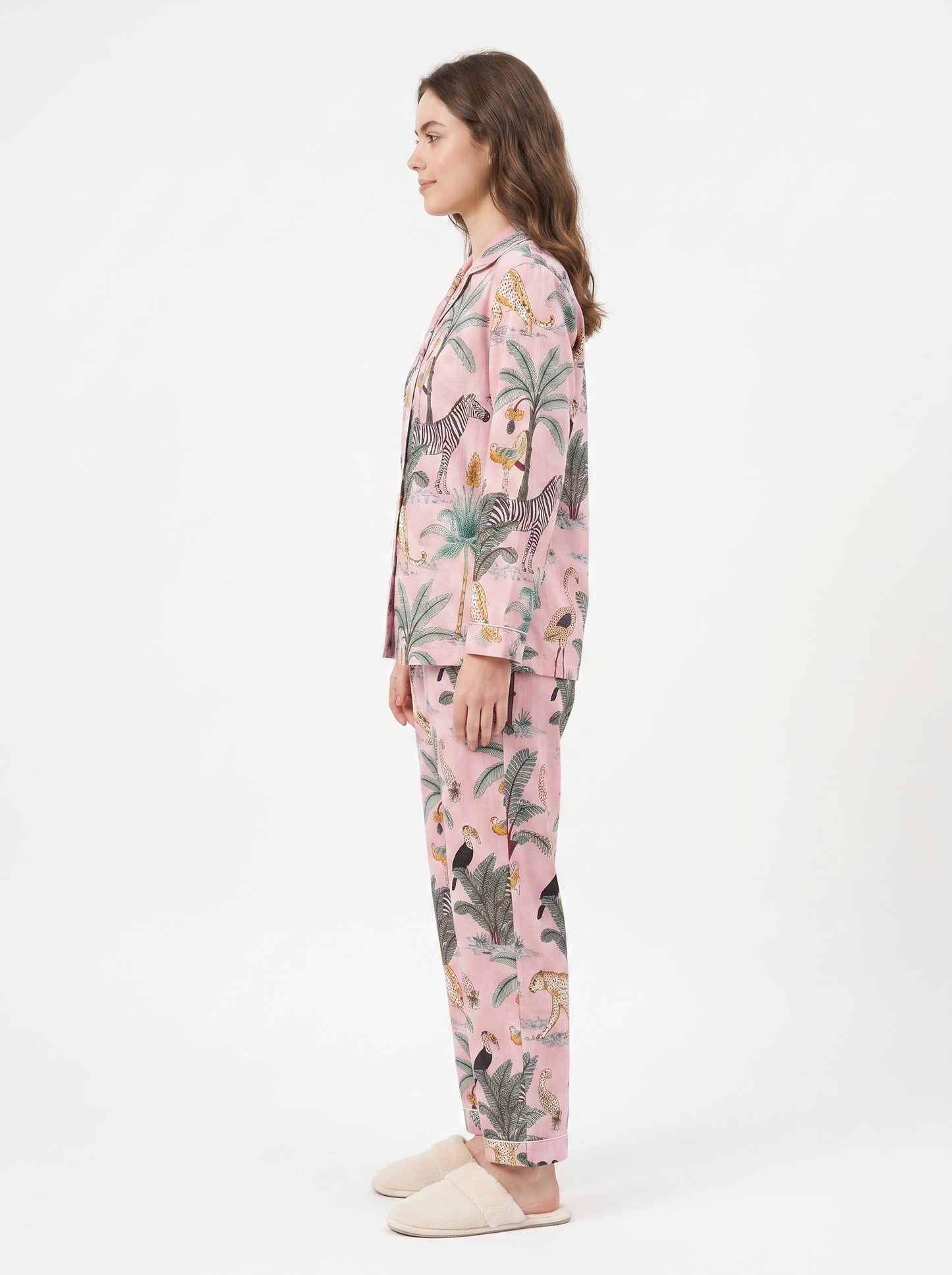 Women's Blush Pink Safari Print Cotton Night Suit Set – Elegant Two Piece Pajama Set