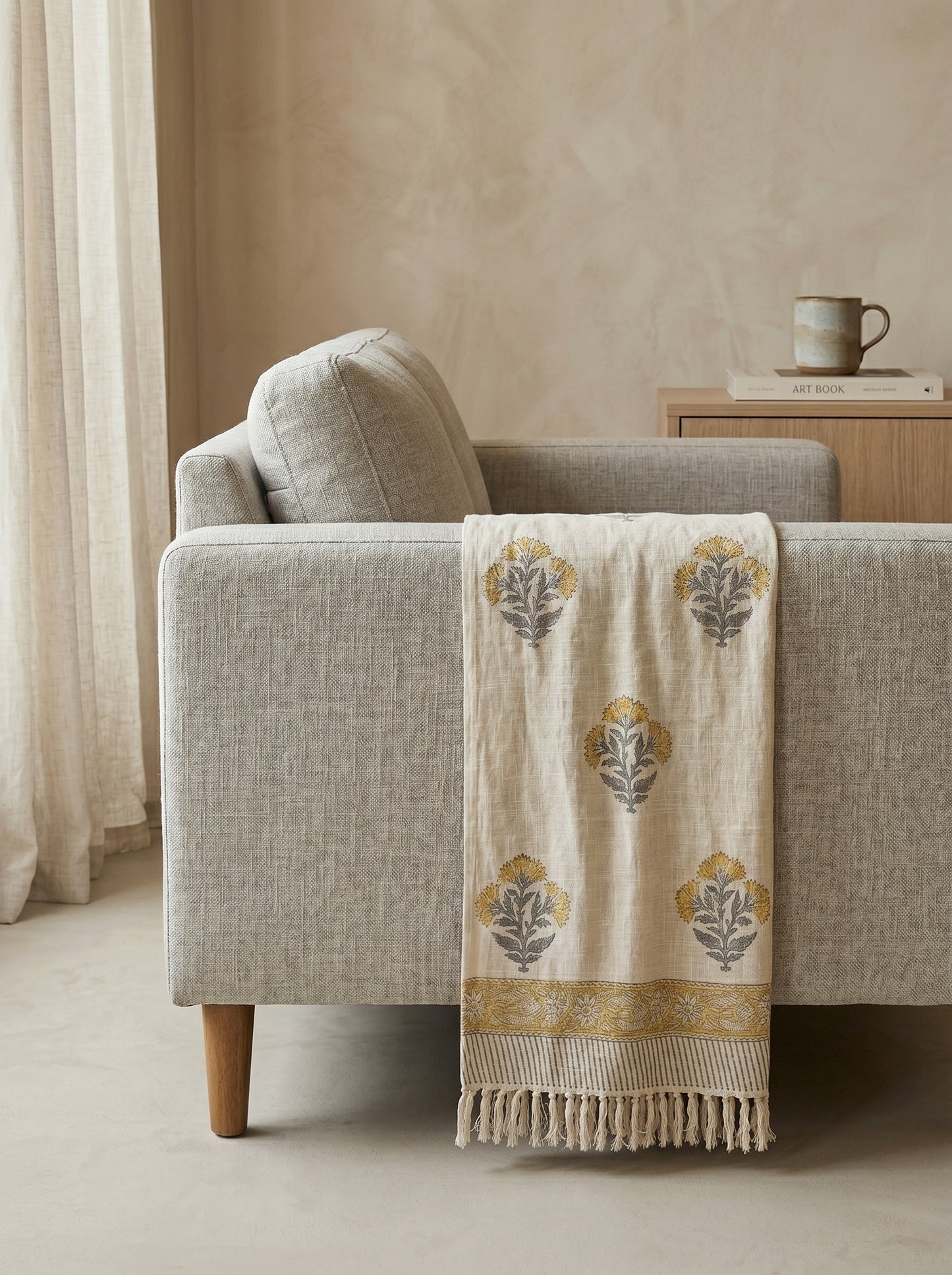 Golden Bloom Handblock Sofa Throw