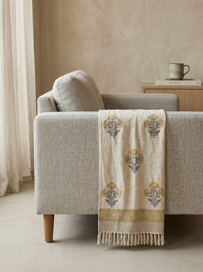 Golden Bloom Handblock Sofa Throw
